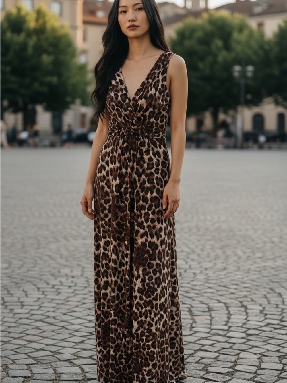 Leopard Print V-Neck Maxi Dress - Brown
